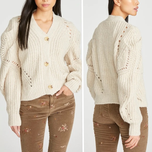 NWT Driftwood Emie Balloon Barrel Sleeve Button V-Neck Front Cardigan Ivory Sz S - Picture 1 of 12